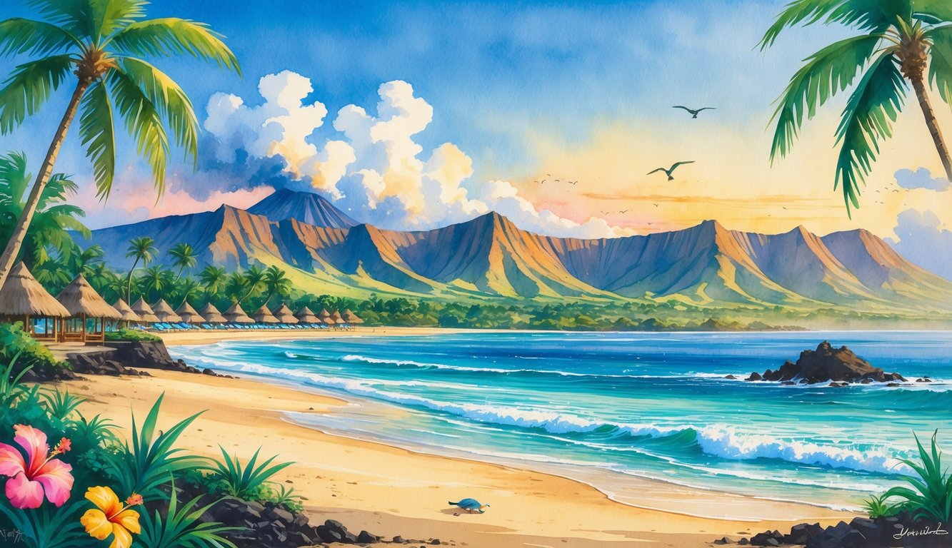 A tropical beach scene with palm trees, volcanic mountains, clear ocean waves, and small resort huts near the shore.