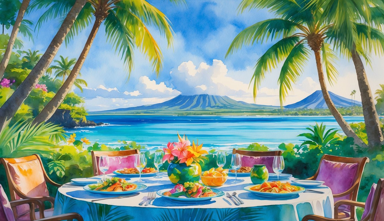 An outdoor dining table with plates of tropical food surrounded by palm trees, overlooking the ocean and distant mountains.