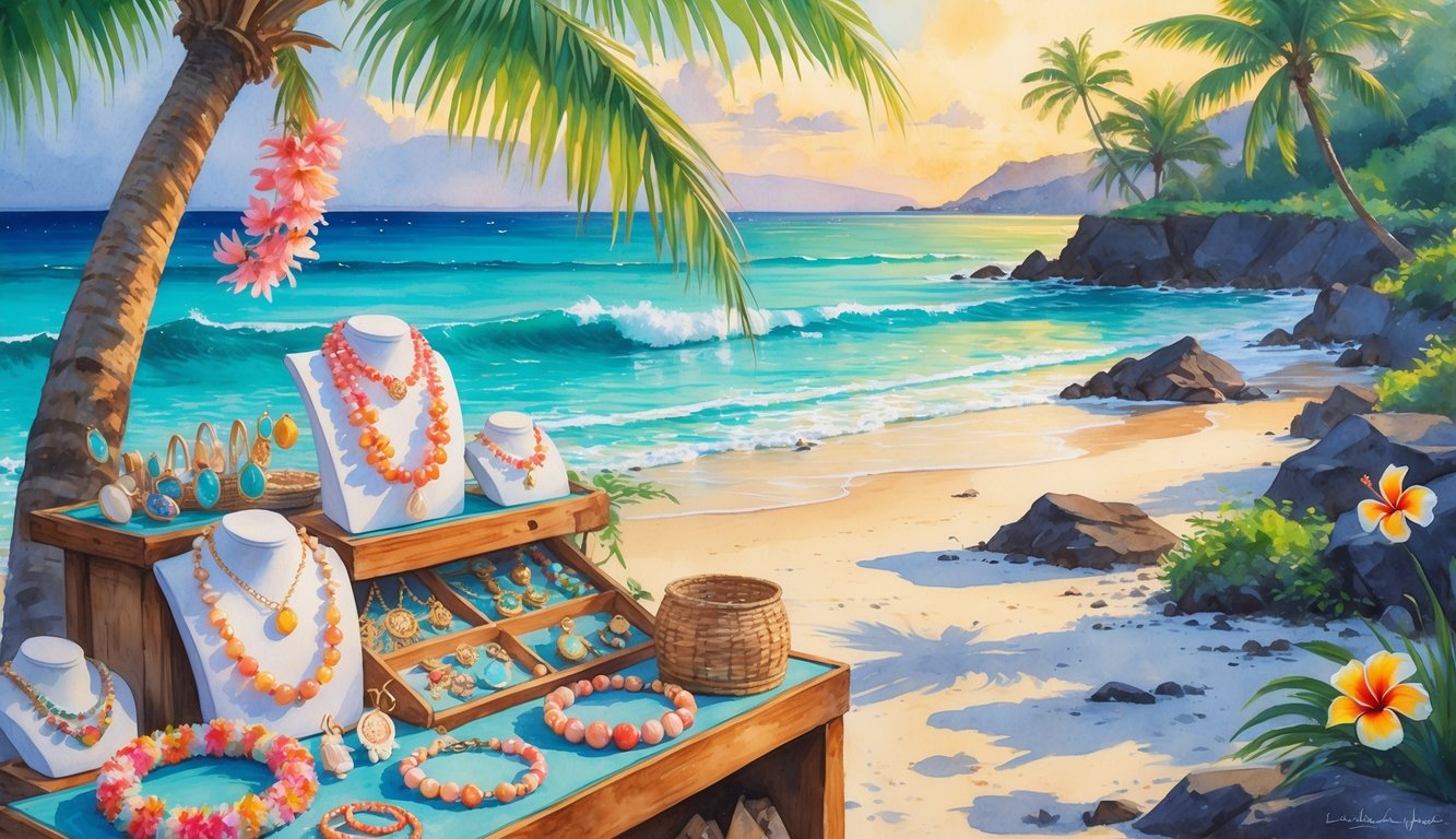 A Hawaiian beach market stall with handmade jewelry made from shells and stones, palm trees, ocean waves, and tropical flowers under a colorful sunset.