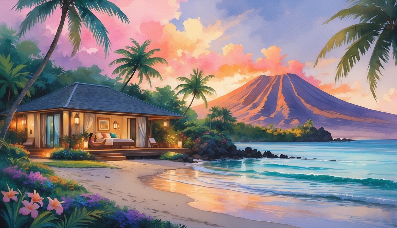 A couple enjoying a private beach at sunset near a cozy bungalow surrounded by tropical plants and palm trees with a volcanic mountain in the background.