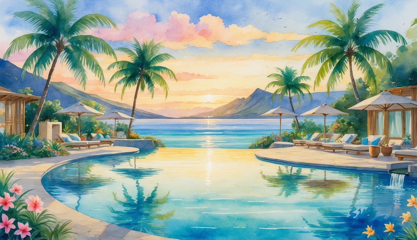 A tropical resort with an infinity pool, palm trees, lounge chairs, mountains, and ocean at sunset.