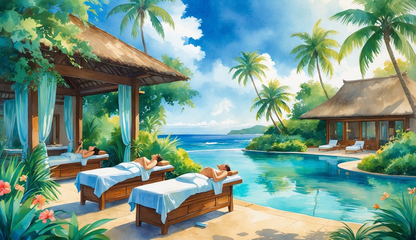 Two couples enjoying massages in an open-air spa surrounded by tropical plants and palm trees near a pool with ocean views at a Hawaiian resort.