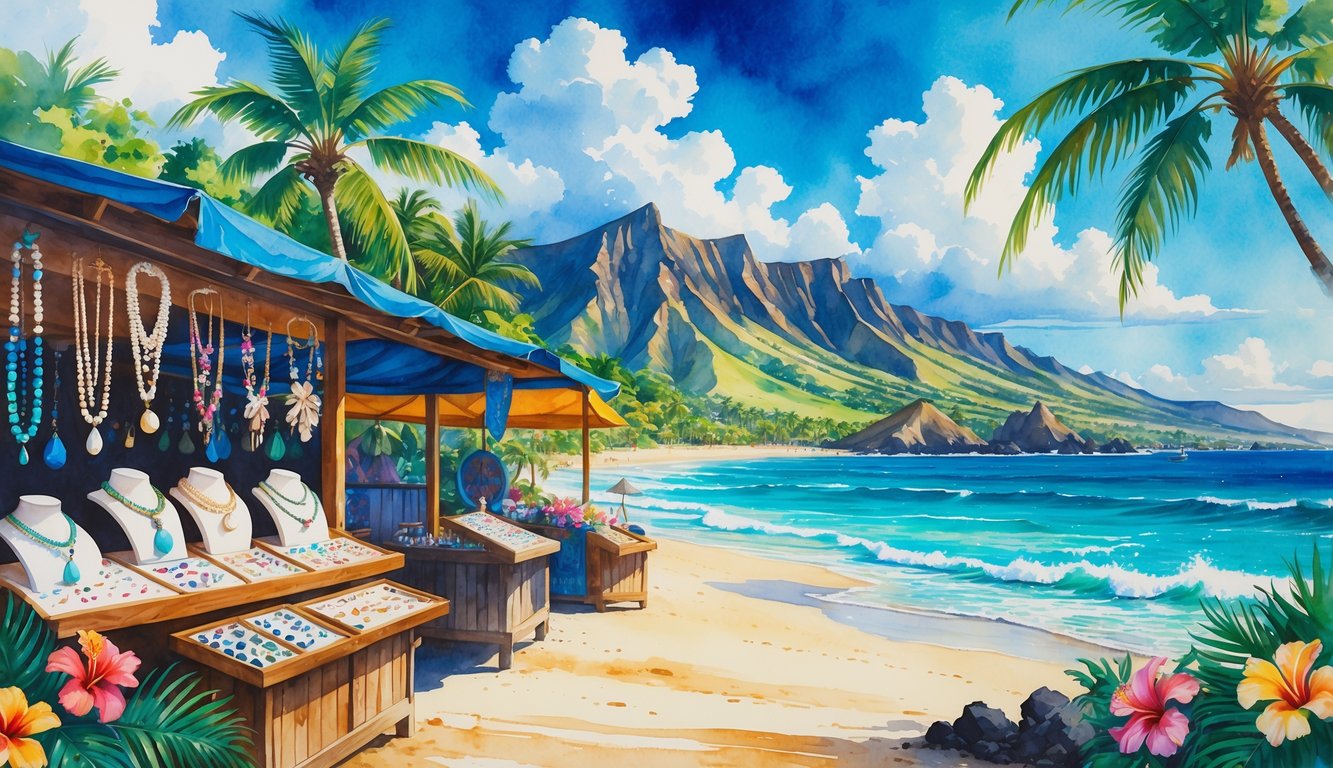 A tropical island market with stalls displaying handmade jewelry, surrounded by palm trees, beaches, and mountains.