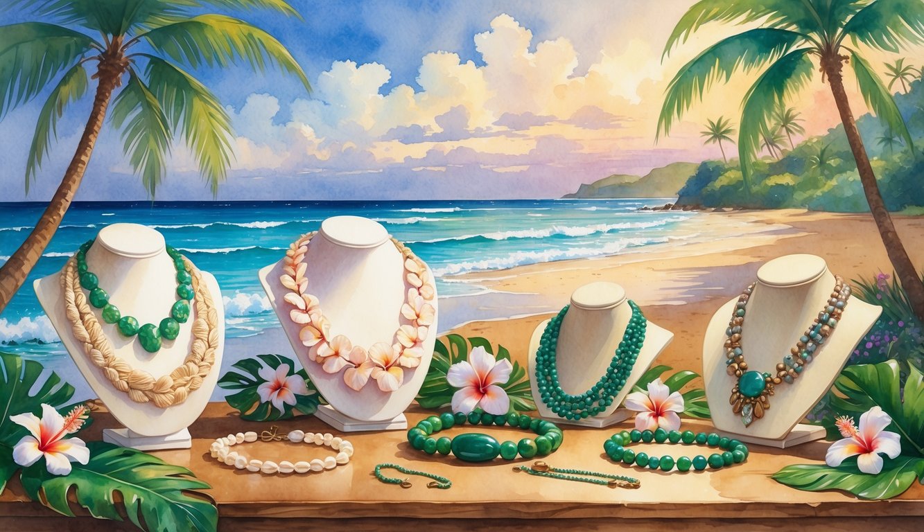A colorful scene showing traditional Hawaiian jewelry on a table with tropical flowers and leaves, set against a beach with palm trees and a sunset sky.