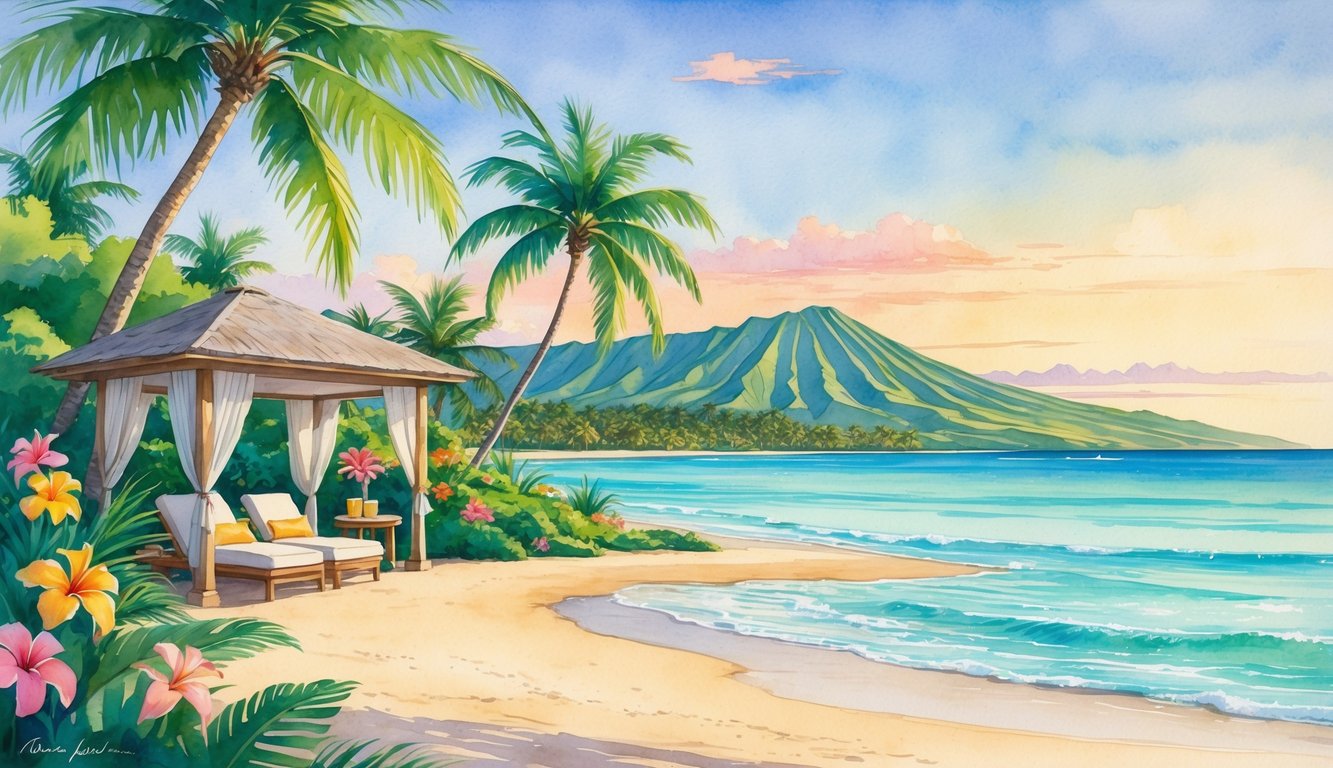 A tropical beach resort with palm trees, lounge chairs, a calm ocean, and distant mountains under a colorful sky.