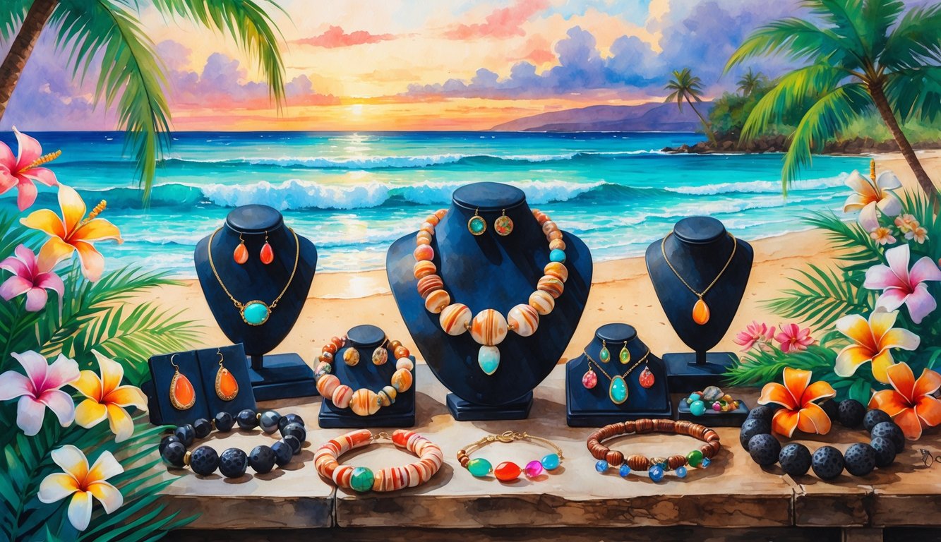 A collection of Hawaiian jewelry made from shells, wood, stones, and gemstones displayed on a wooden table with tropical flowers, set against a beach with palm trees and a colorful sunset.