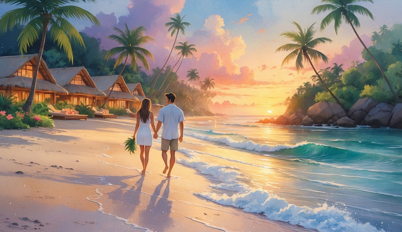 A couple walking hand in hand along a tropical beach at sunset with palm trees, flowers, and a beachfront resort in the background.
