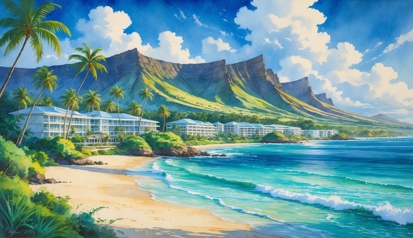 A coastal scene showing beachfront resorts surrounded by palm trees, sandy beaches, clear ocean water, and volcanic mountains in the background.