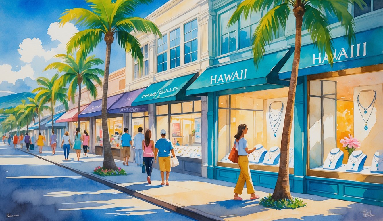 A sunny Hawaiian street lined with jewelry shops, palm trees, tropical flowers, and people walking along the sidewalk near the ocean.