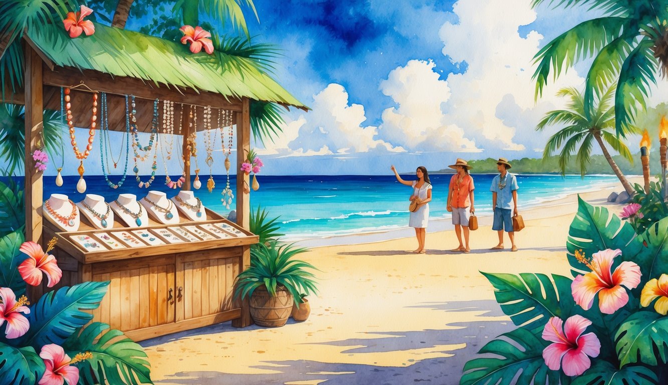 A Hawaiian jewelry market stall near the beach surrounded by tropical plants and shoppers looking at handmade jewelry.