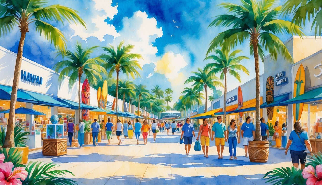 A bustling outdoor shopping mall in Hawaii surrounded by palm trees and tropical flowers with people walking among shops and cafes.