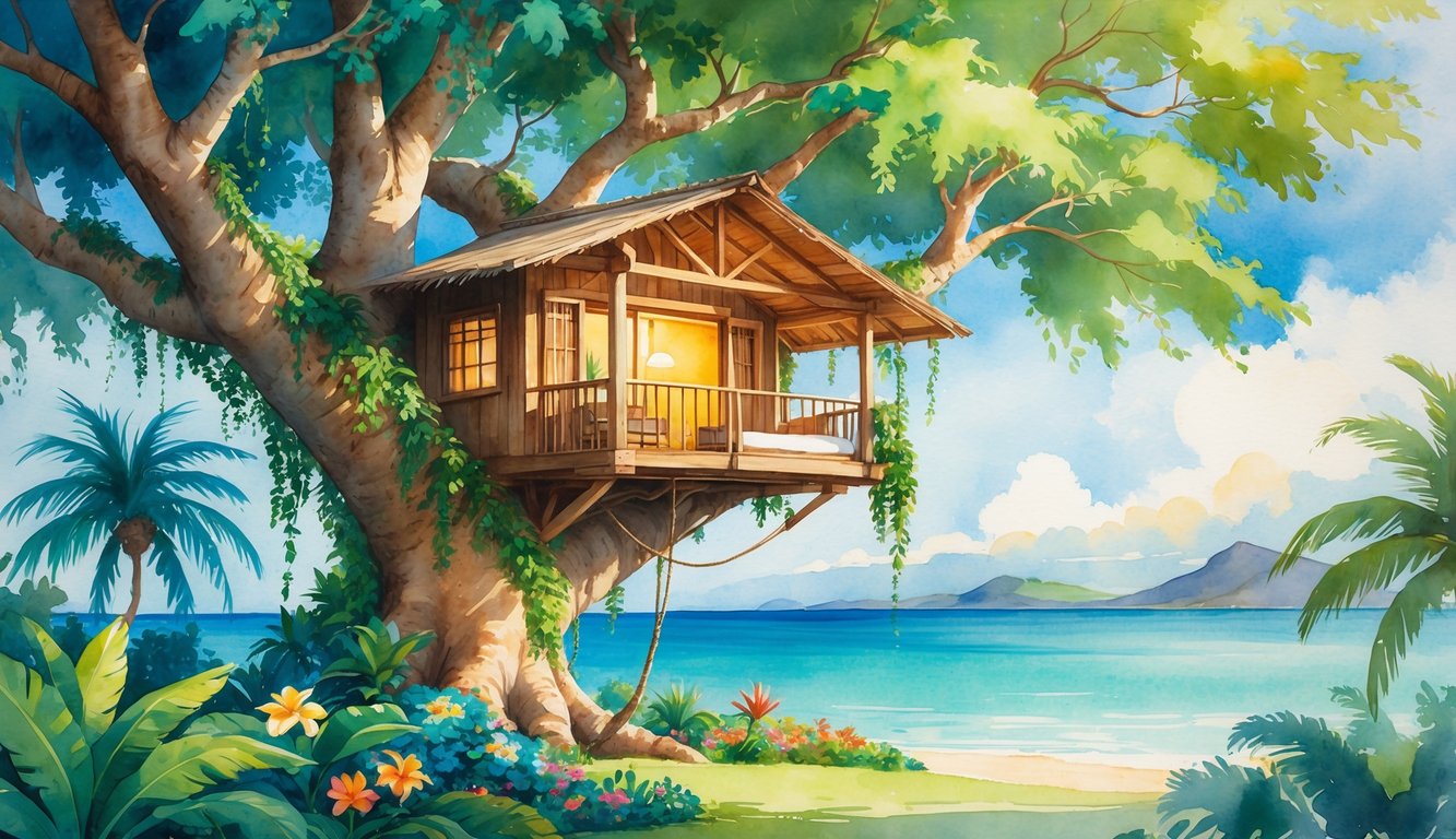 A Hawaiian treehouse surrounded by tropical plants, with a hammock on the balcony, distant mountains, and the ocean in the background.