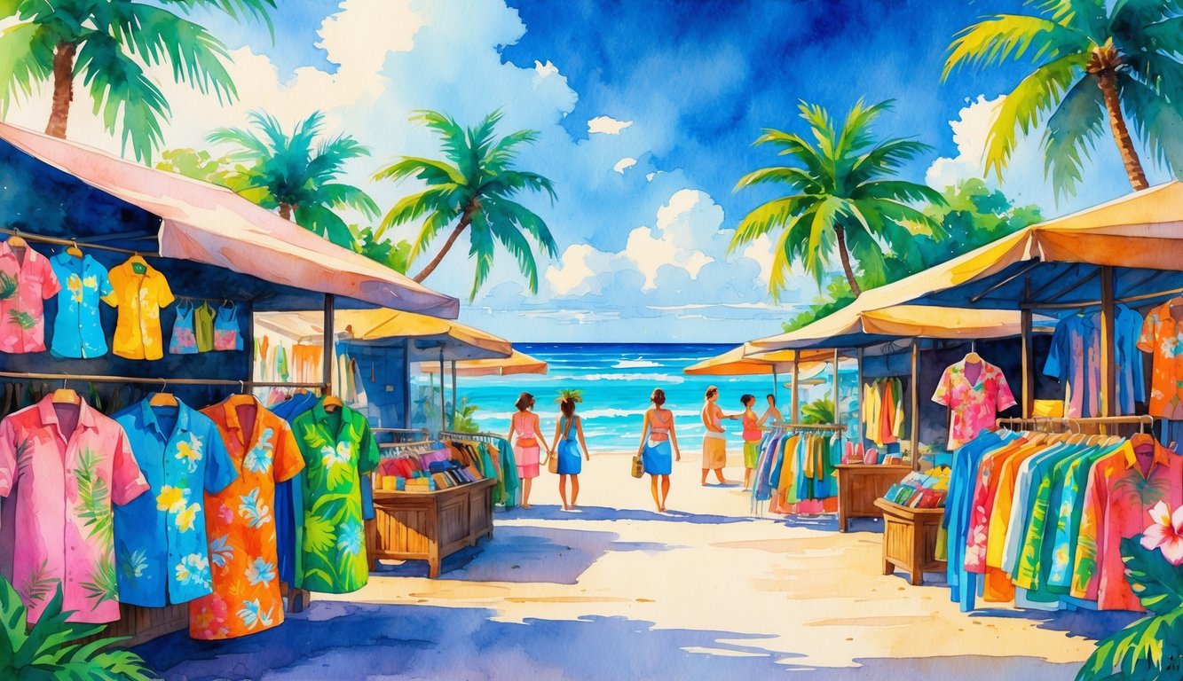 A tropical outdoor market with stalls displaying colorful Hawaiian clothing, surrounded by palm trees and flowers, near the ocean.