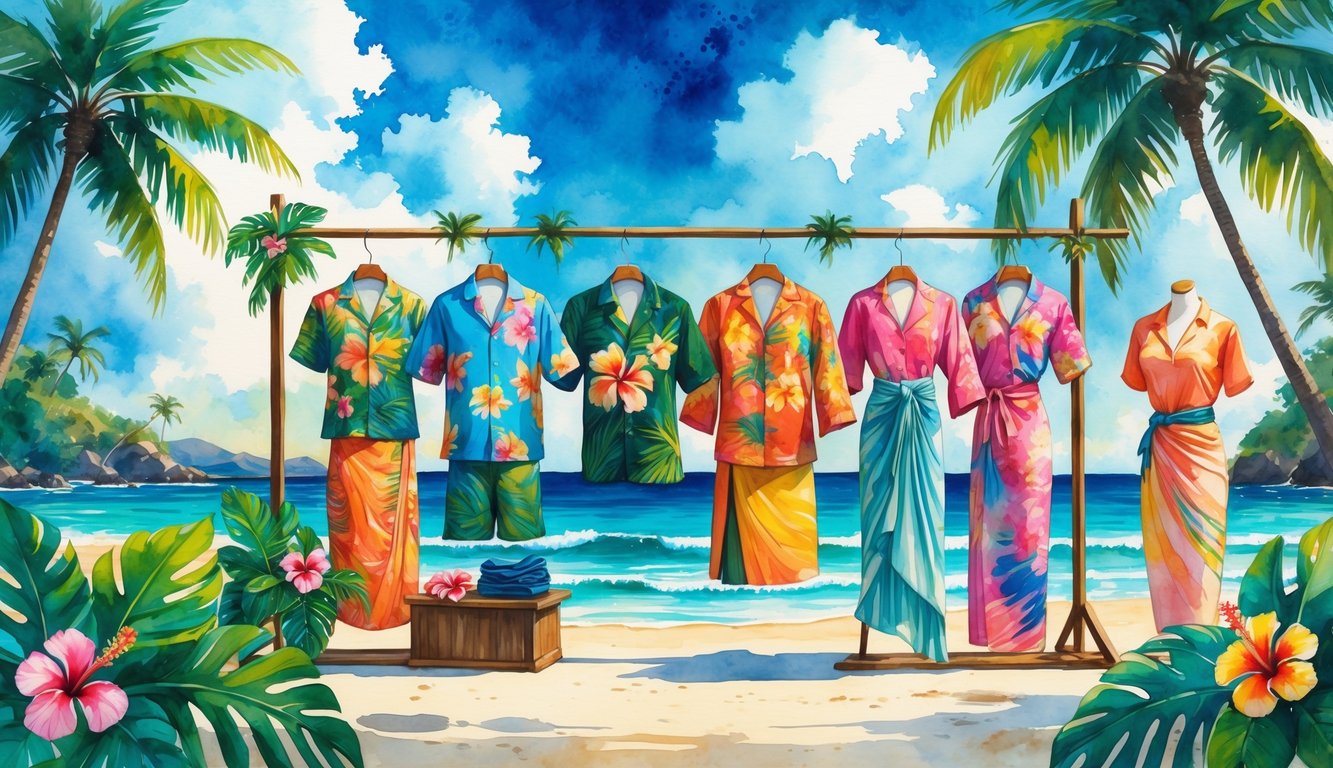 A tropical outdoor scene showing Hawaiian clothing like colorful shirts and dresses displayed among palm trees and flowers near a beach.