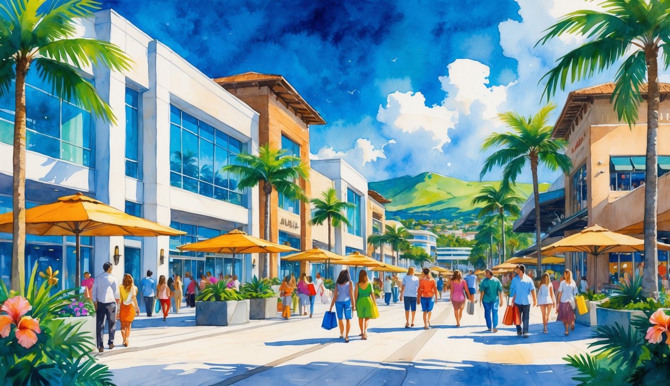 A lively outdoor scene showing modern shopping malls surrounded by palm trees and flowers, with people walking and shopping under a sunny sky and mountains in the distance.