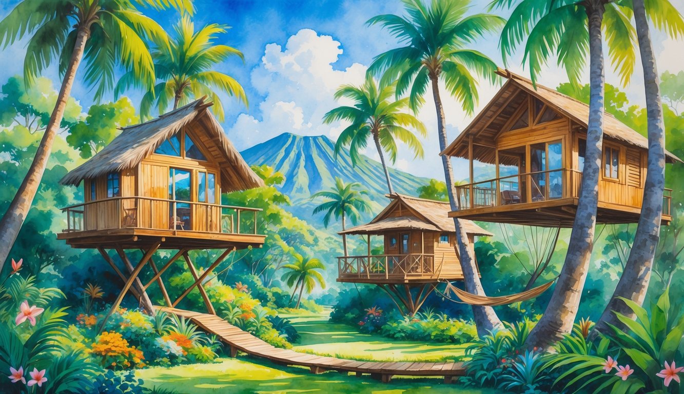 Several treehouses among tropical trees with palm trees, flowers, and mountains in the background.