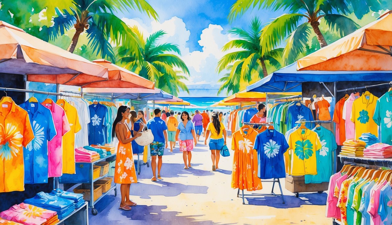 An outdoor market in Hawaii with stalls selling colorful Hawaiian clothing and shoppers browsing under palm trees near the ocean.