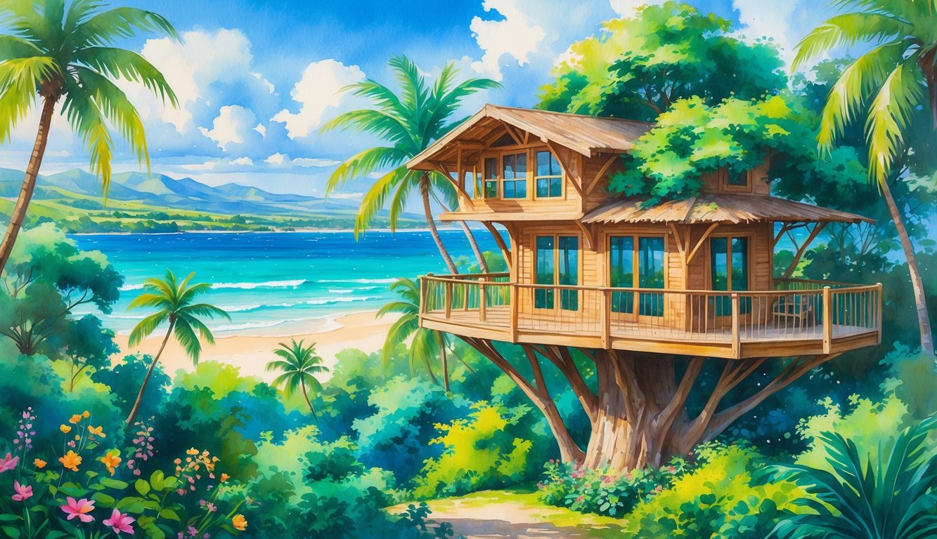 A treehouse surrounded by tropical trees with mountains and ocean in the background.