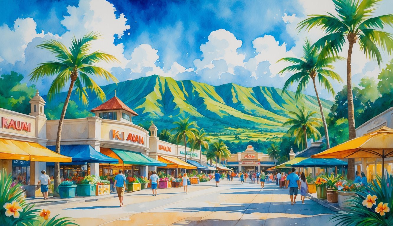 A tropical Hawaiian shopping mall plaza with people, palm trees, mountains, and colorful flowers under a bright sky.