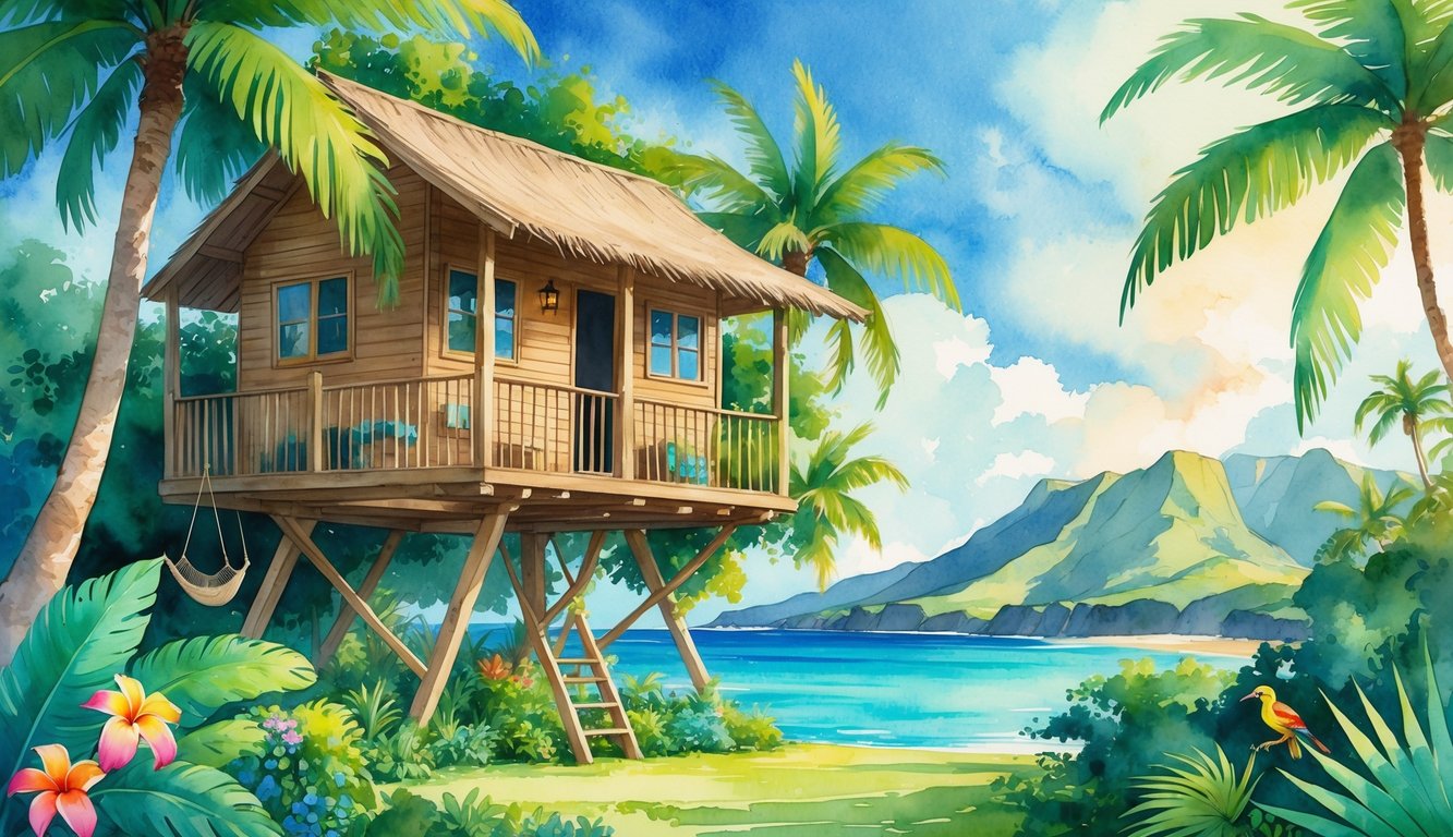 A wooden treehouse surrounded by tropical trees and flowers overlooking the ocean with distant hills and mountains in the background.