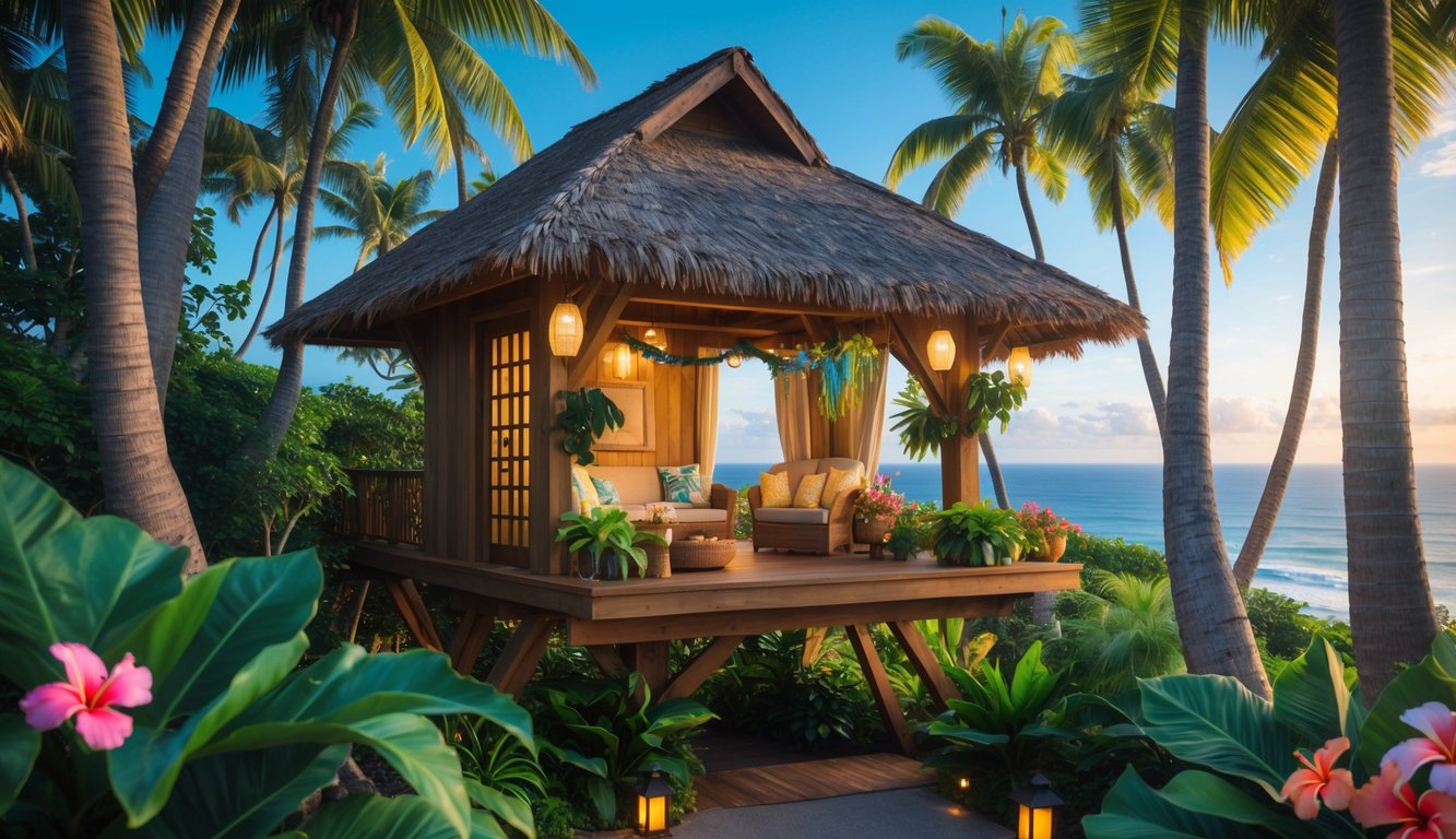 A Hawaiian treehouse surrounded by tropical trees and flowers with a balcony and ocean visible in the background.