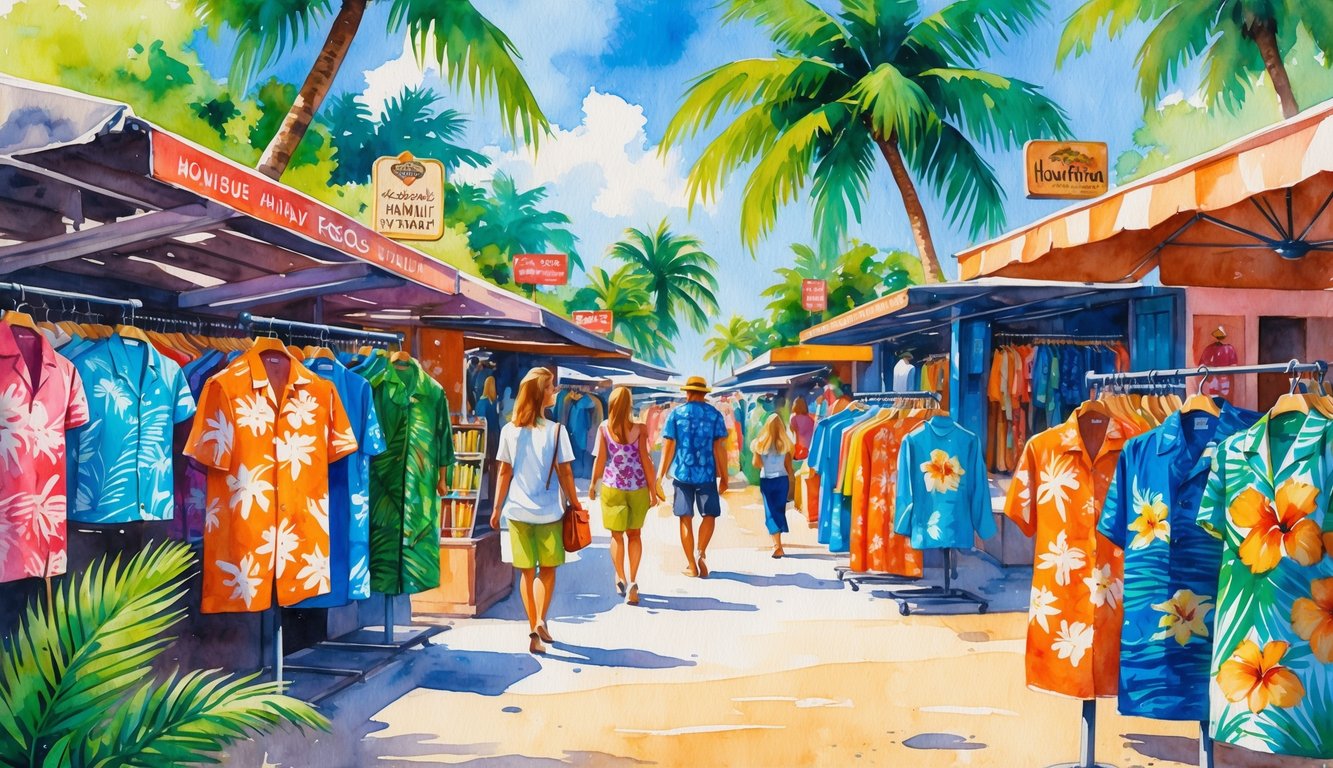 A marketplace with people browsing colorful Hawaiian clothing displayed on racks and mannequins surrounded by palm trees and tropical flowers.