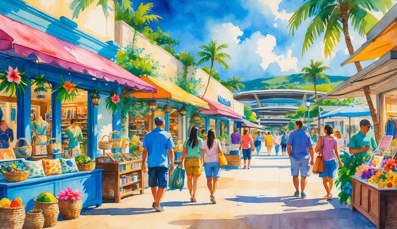 A busy outdoor shopping area with colorful boutiques, market stalls, tropical plants, and people browsing under a sunny sky near palm trees and hills.