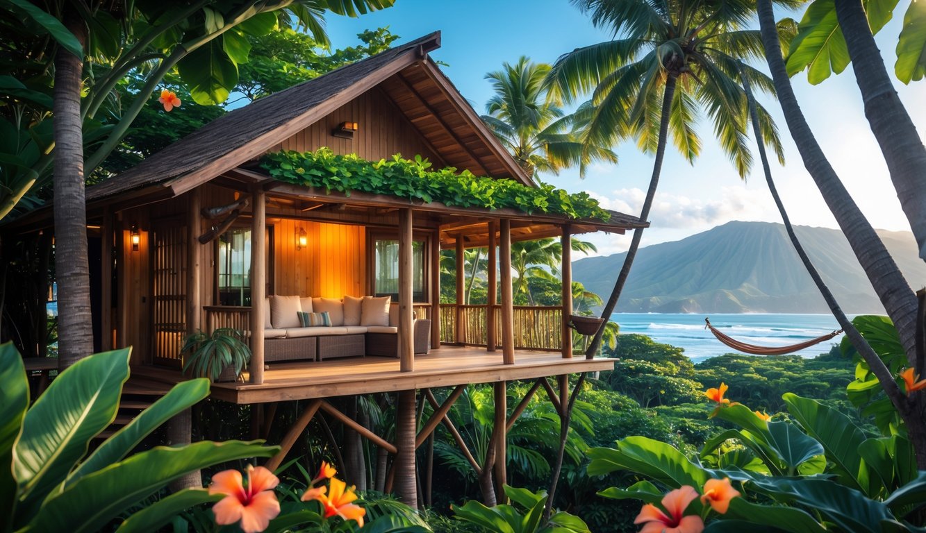 A cozy Hawaiian treehouse surrounded by tropical trees and flowers, with mountains and ocean in the background.