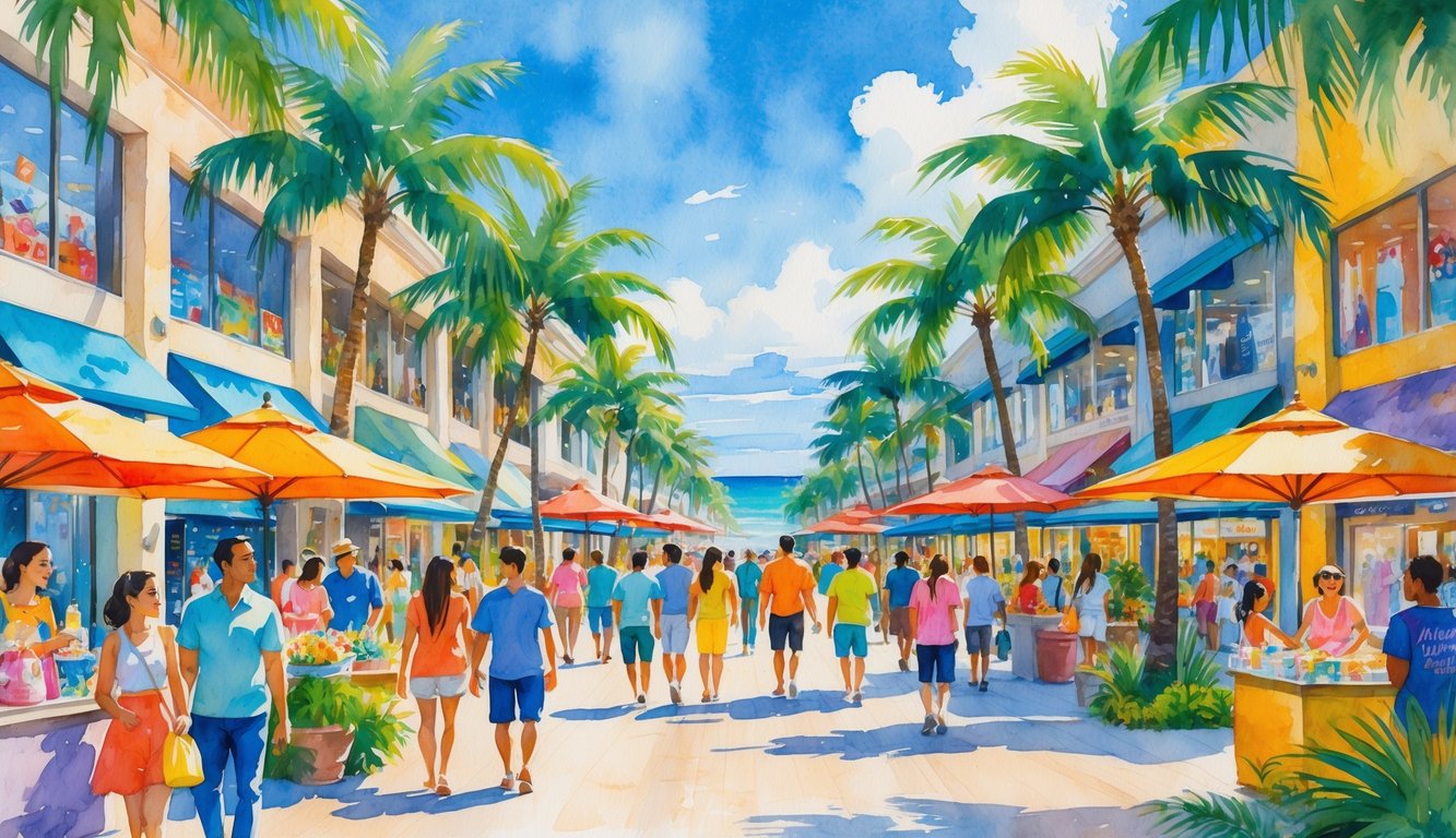 A lively outdoor shopping mall in Hawaii with people walking among palm trees, colorful shops, and outdoor cafes near the ocean.