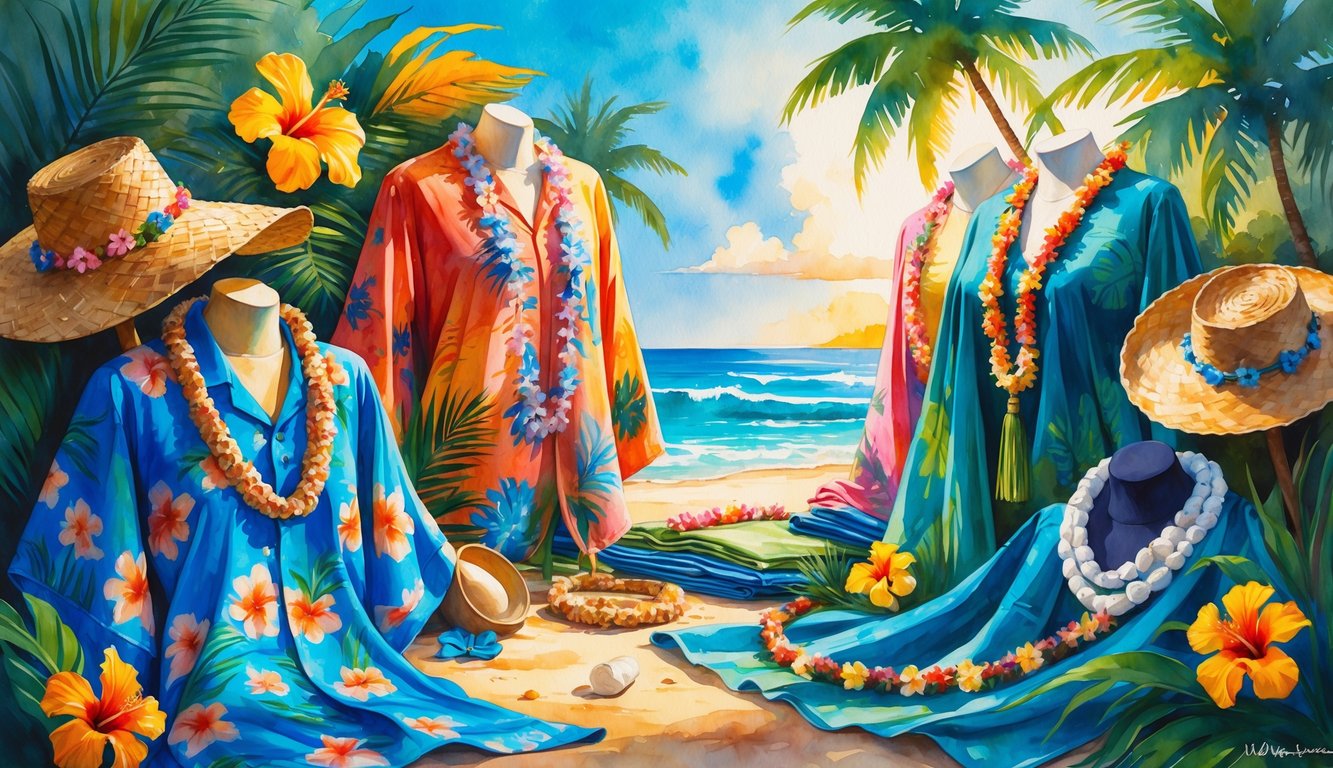A display of Hawaiian clothing and accessories including floral shirts, muumuus, pareos, straw hats, shell leis, and flower hair clips set against a tropical beach background with palm trees and ocean waves.