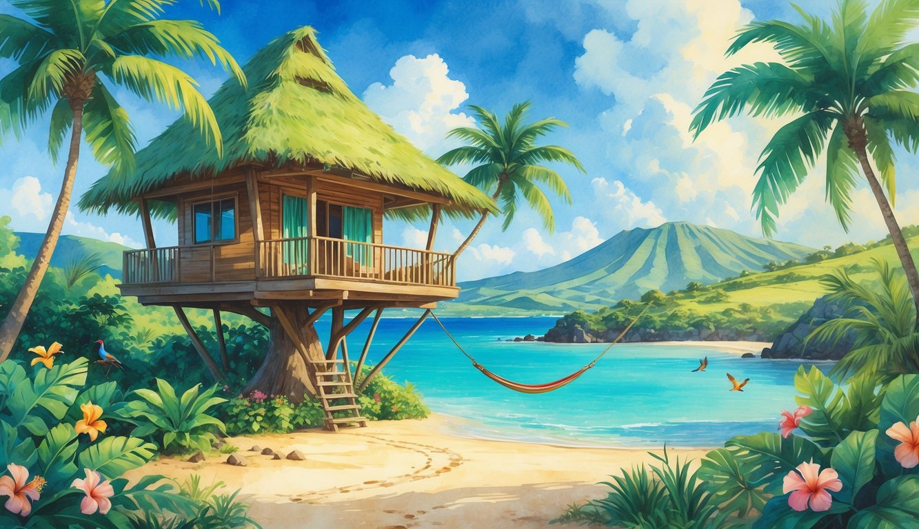 A Hawaiian treehouse surrounded by tropical trees and flowers near a clear lagoon with hills and mountains in the background.