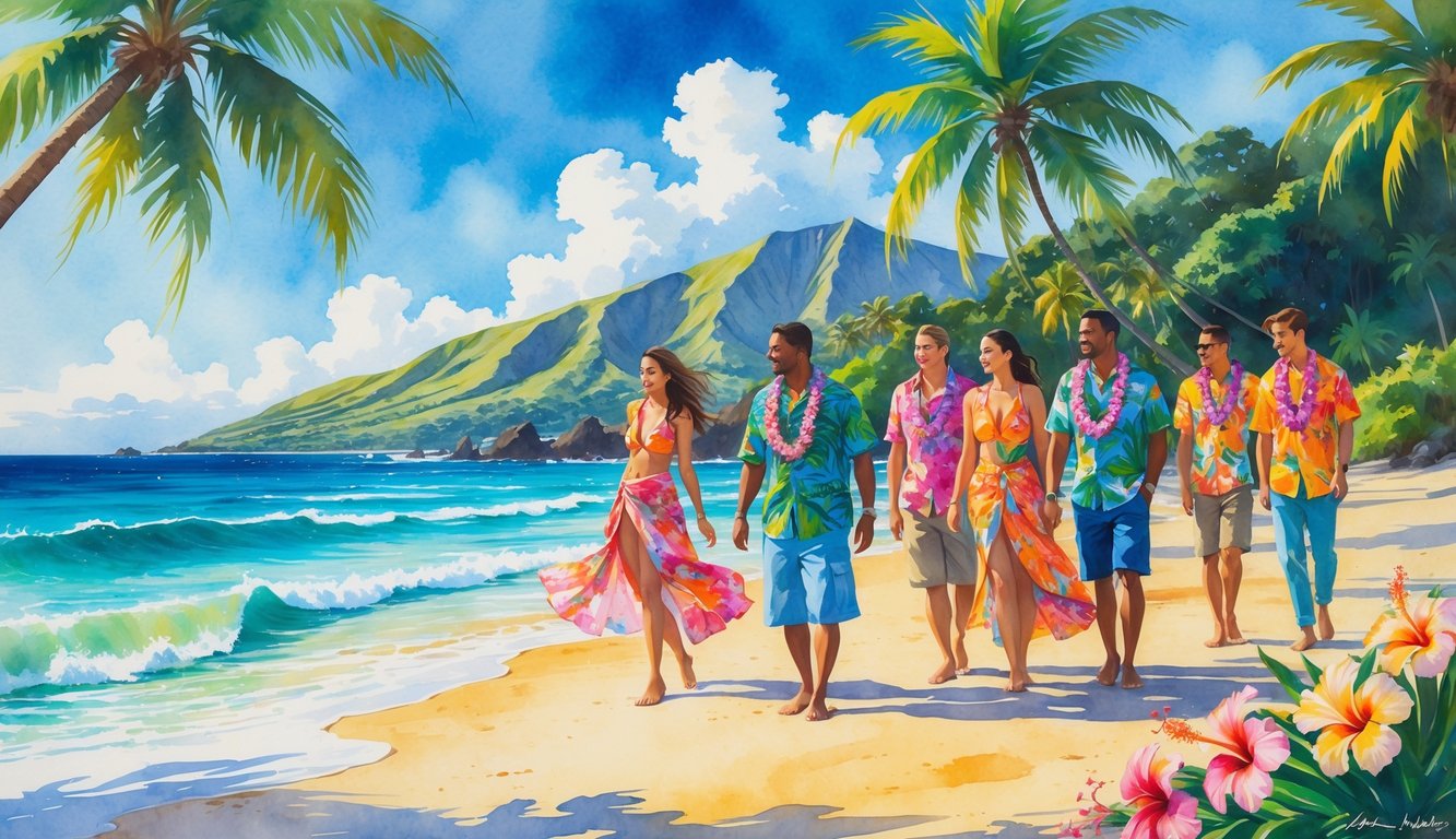 A tropical beach scene with people wearing colorful Hawaiian clothing surrounded by palm trees and flowers.