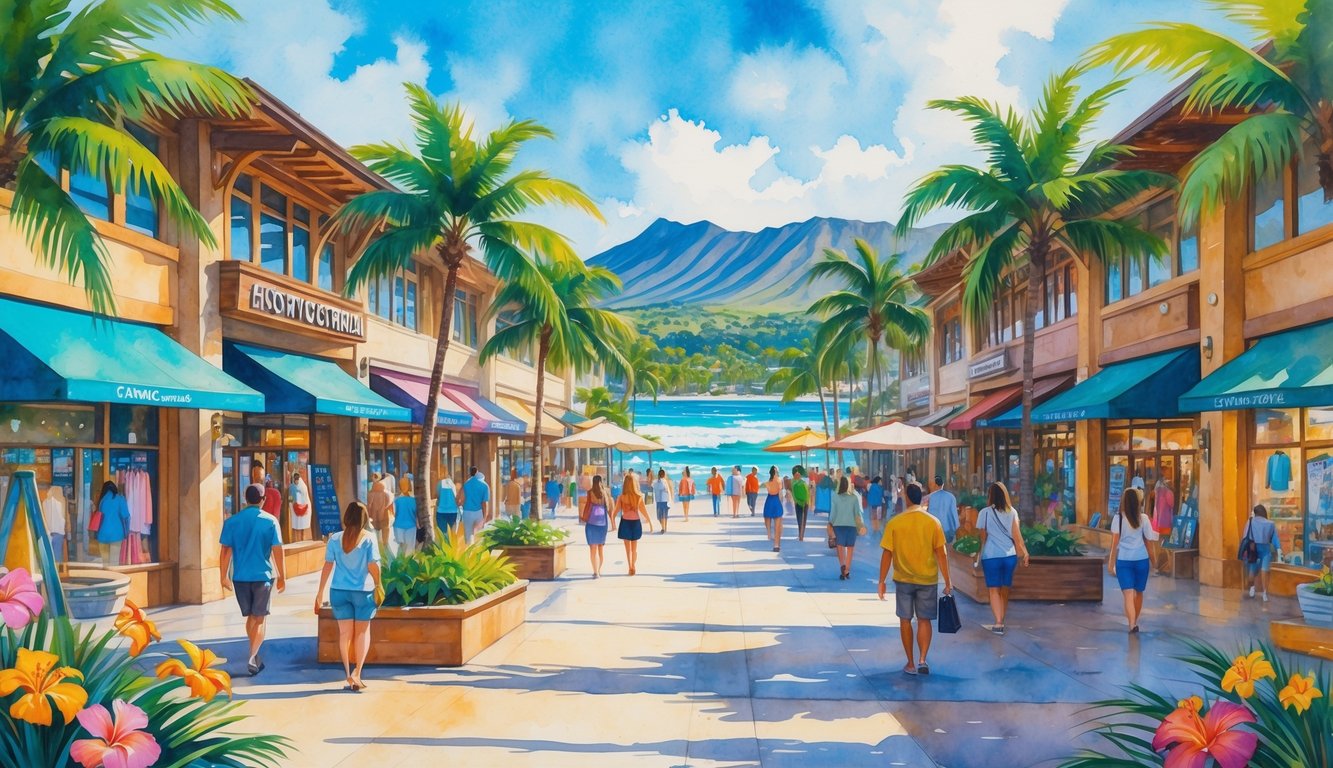A busy outdoor shopping plaza in Hawaii with people walking among tropical plants, palm trees, colorful shops, and distant ocean and mountains.