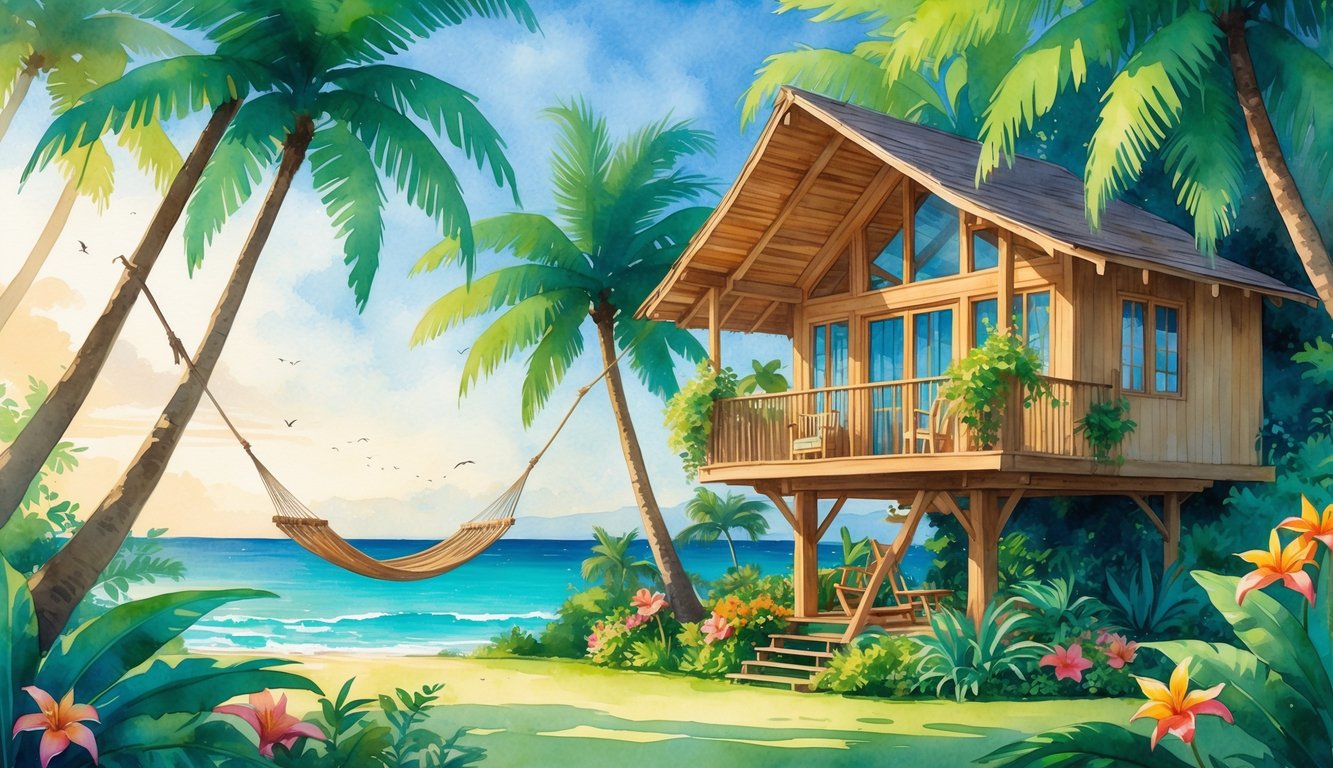 A wooden treehouse surrounded by tropical trees and flowers with a view of the ocean and a hammock hanging between two trees.