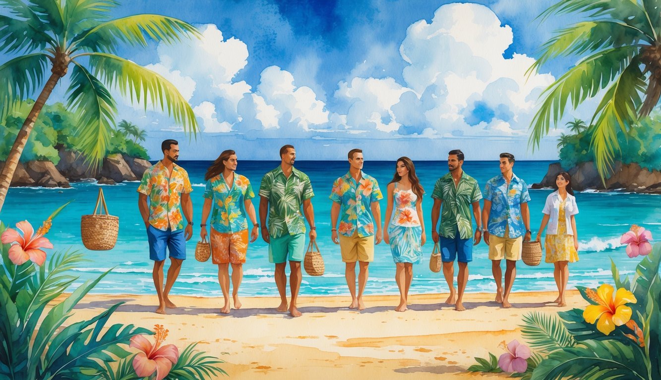 People wearing colorful Hawaiian clothing stand on a tropical beach surrounded by palm trees and flowers with the ocean and sky in the background.