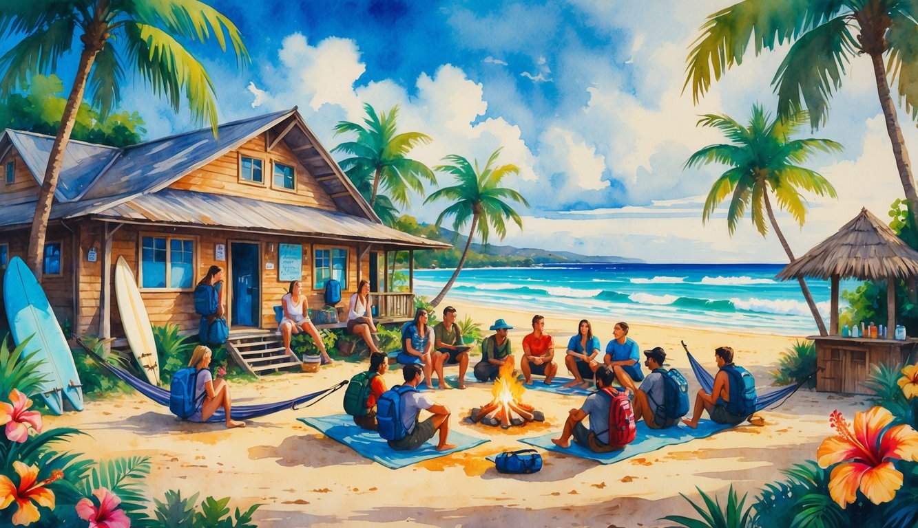 A tropical hostel near a beach with palm trees, young travelers socializing around hammocks and a campfire, with ocean waves and a clear sky in the background.