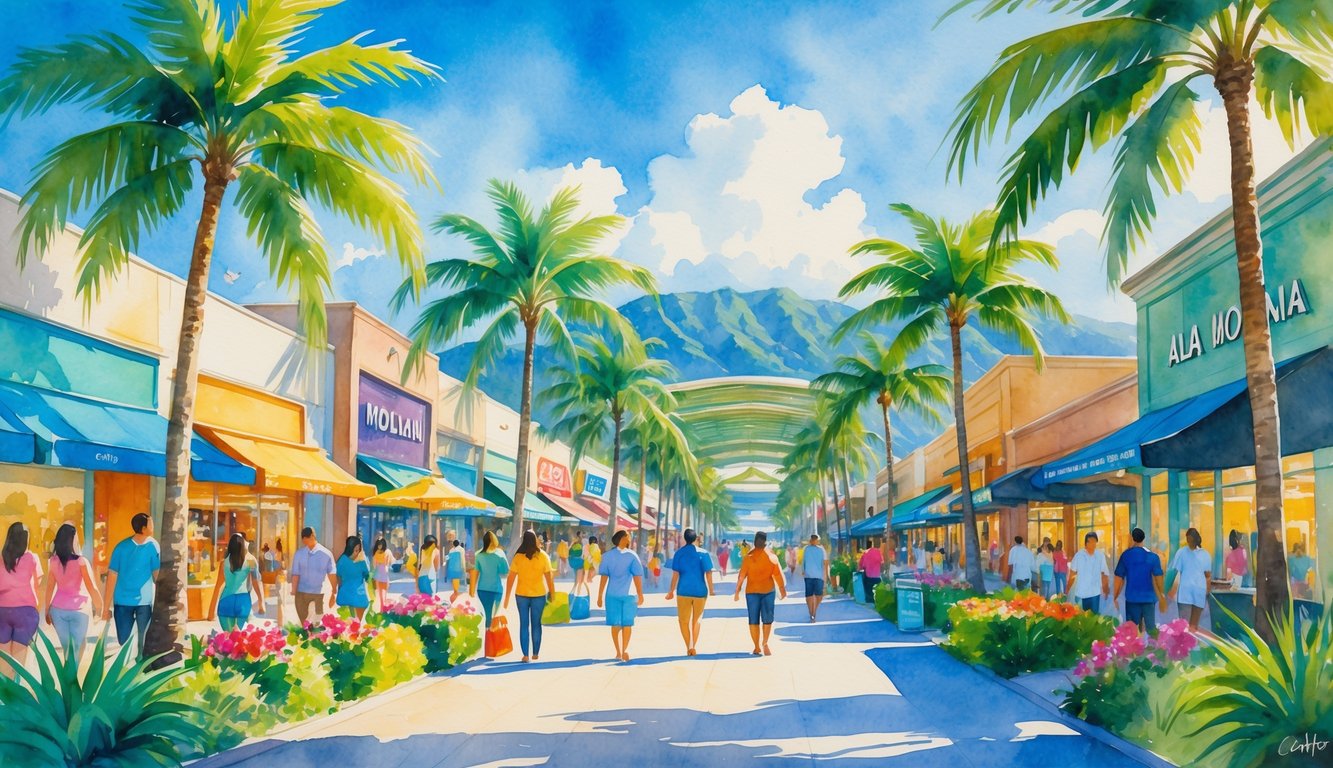 A busy outdoor shopping mall with palm trees, shoppers, colorful stores, and mountains in the background.