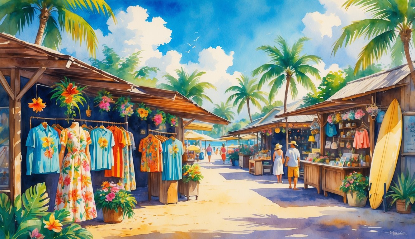 A lively outdoor market in Hawaii with stalls selling vintage clothing and accessories surrounded by palm trees and tropical plants under a sunny sky.