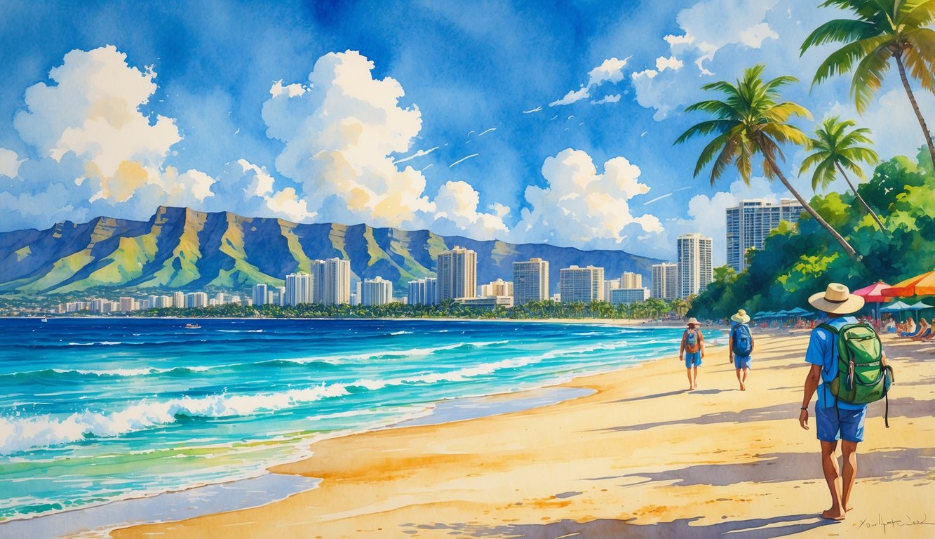 A peaceful beach scene with people relaxing on the sand, palm trees, ocean waves, and mountains in the background.