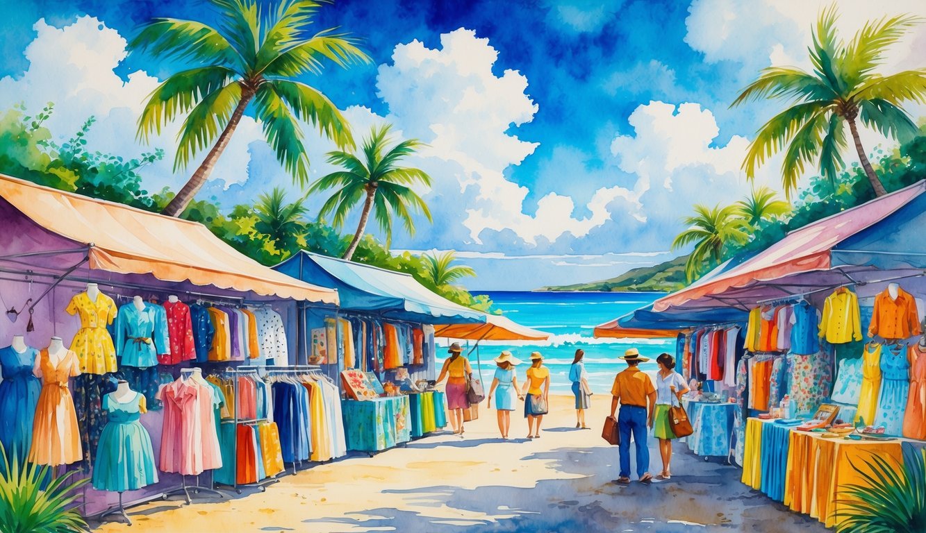 A lively outdoor market in Hawaii with people browsing vintage clothing and accessories among tropical plants and palm trees near a beach.