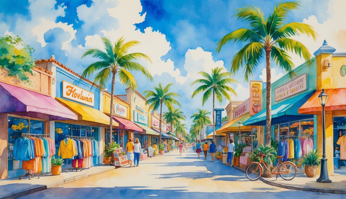 A lively Hawaiian street with colorful vintage shops, palm trees, shoppers browsing clothing racks, and tropical flowers under a bright sky.