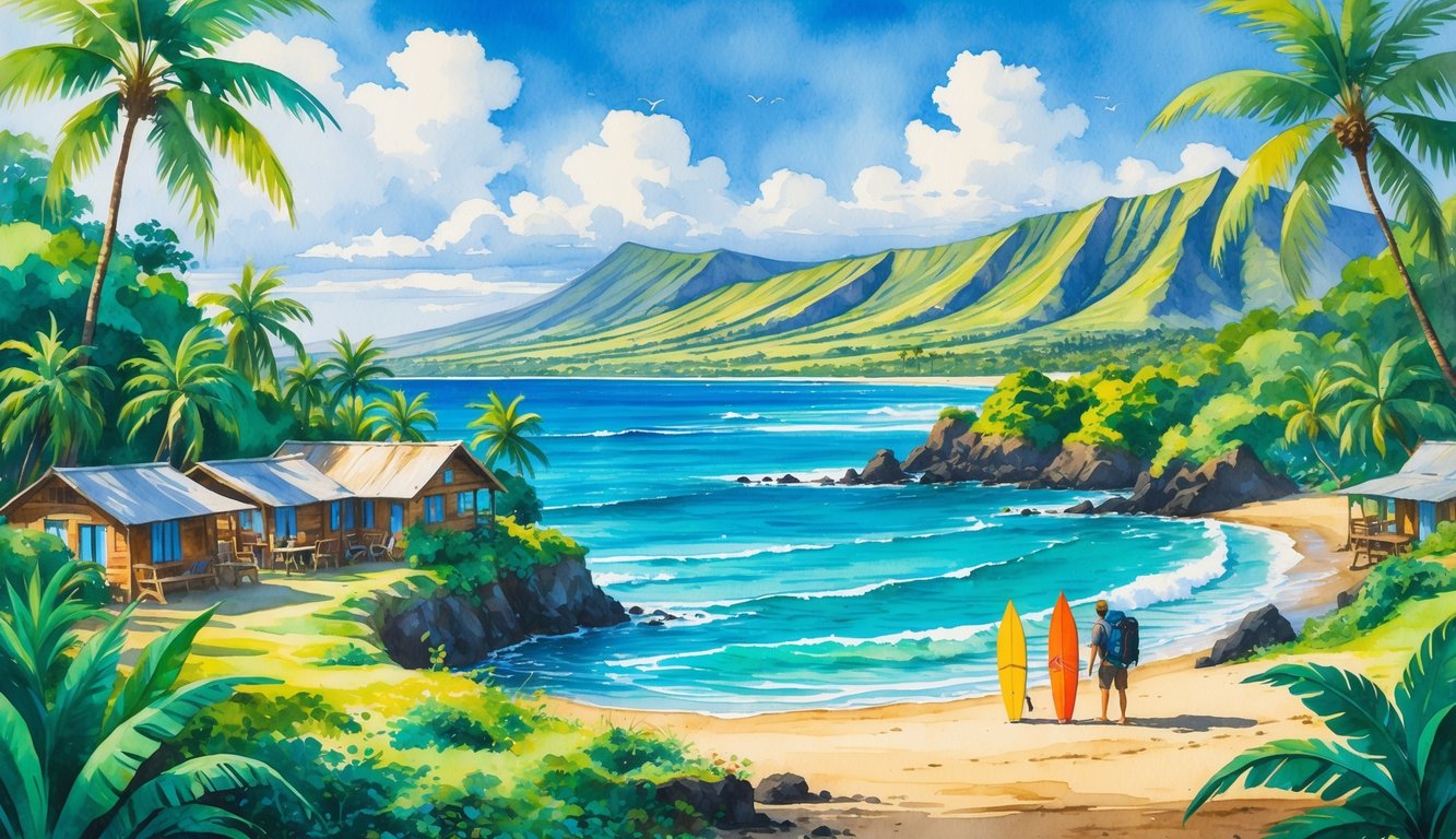 A coastal scene on the Big Island of Hawaii showing hostels among palm trees, a sandy beach, ocean waves, and distant volcanic mountains.