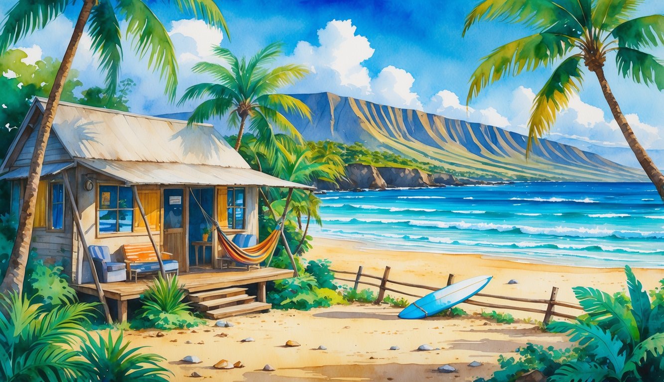A tropical beach scene with a small hostel surrounded by palm trees, a hammock, surfboard, sandy shore, ocean waves, and distant mountains.