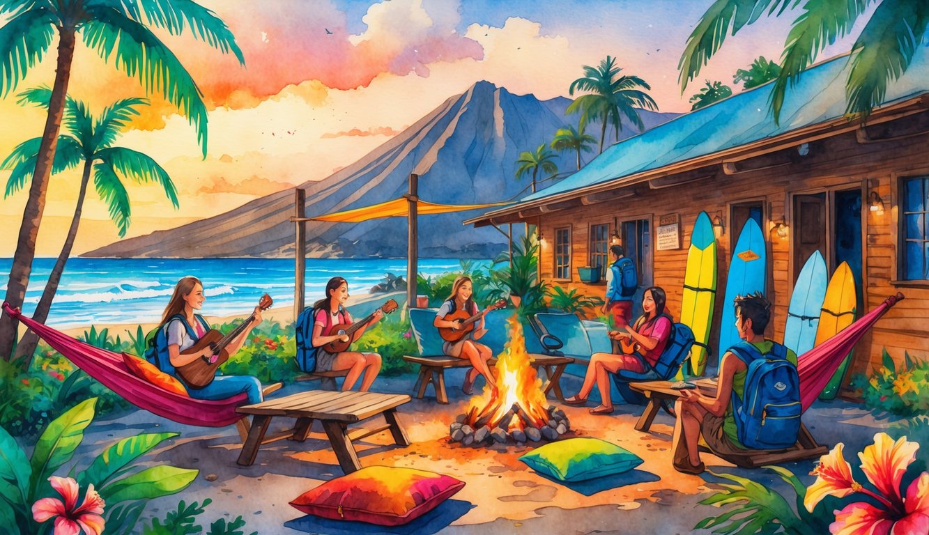 A lively outdoor scene at a Hawaiian hostel with travelers relaxing among palm trees and tropical plants, near a wooden building with surfboards and mountains in the distance.