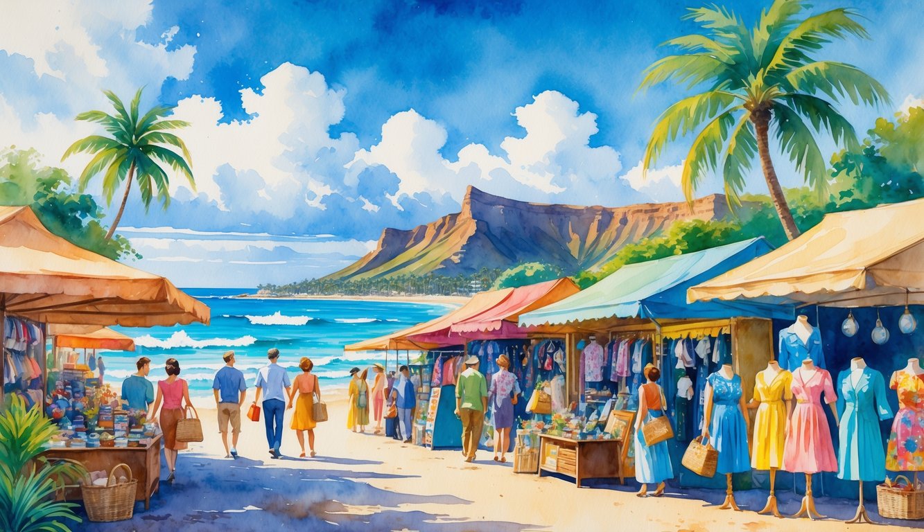 A bustling outdoor vintage market near tropical plants with people shopping, with a volcanic crater and beach visible in the background.