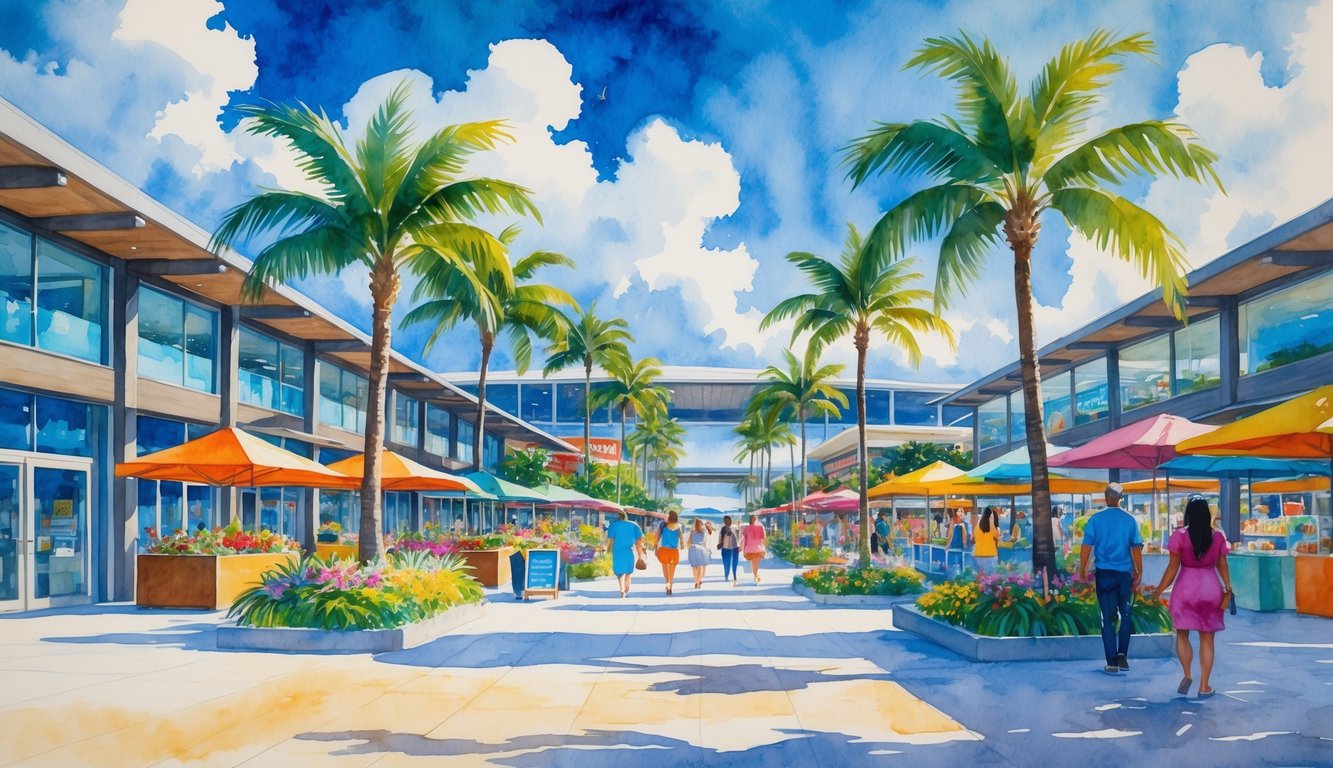 A lively outdoor shopping center surrounded by palm trees and tropical plants, with people walking along wide pathways under a bright sky near the ocean.