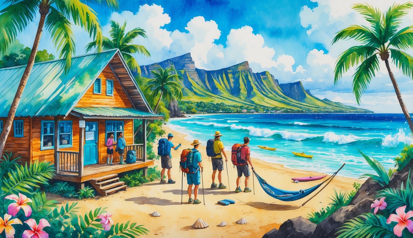 A tropical beach scene with a colorful hostel, palm trees, backpackers relaxing and preparing for activities, ocean waves, and volcanic mountains in the background.