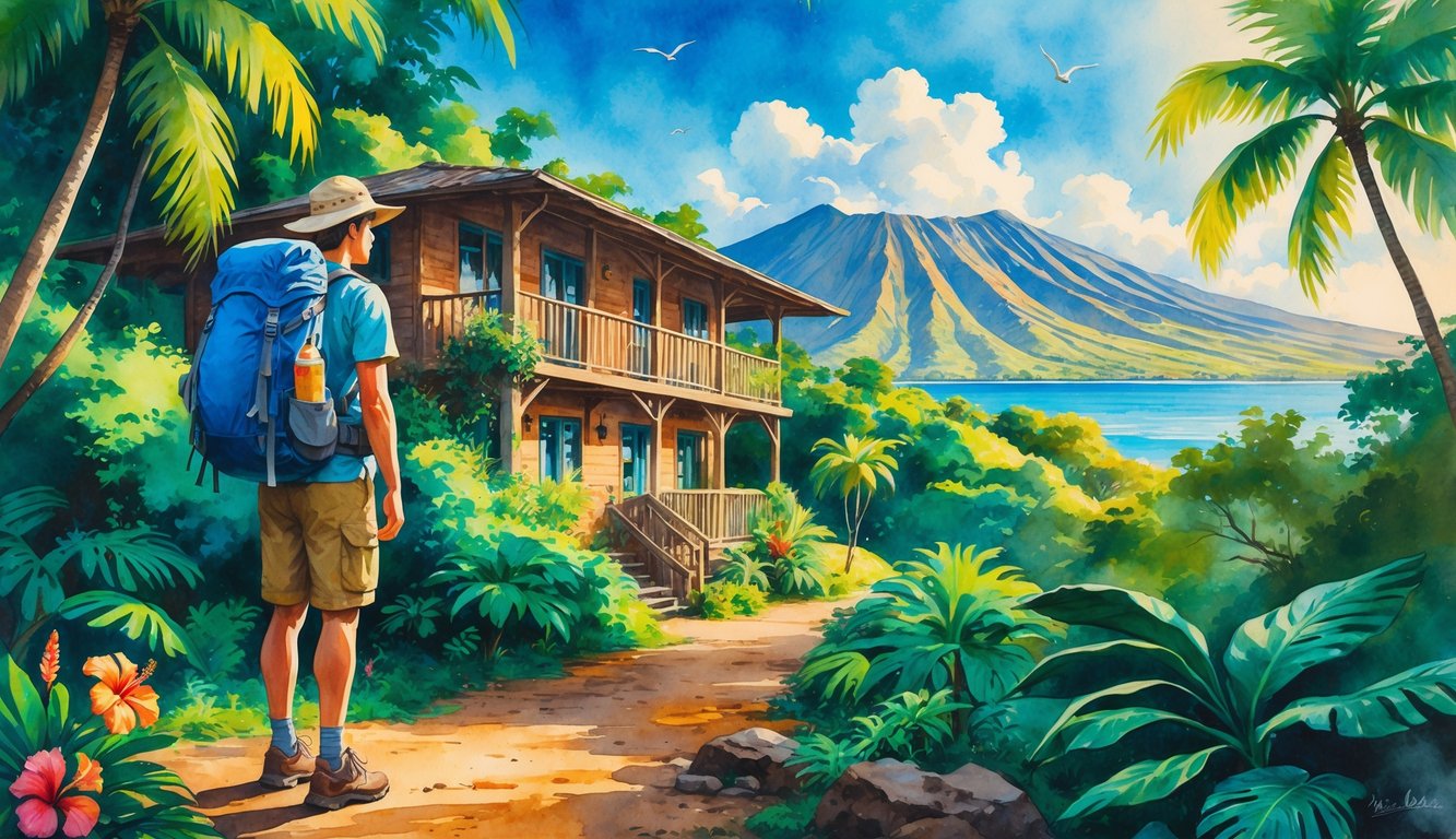 A backpacker standing on a tropical trail near a rustic hostel surrounded by palm trees and flowers, with mountains and a blue sky in the background.