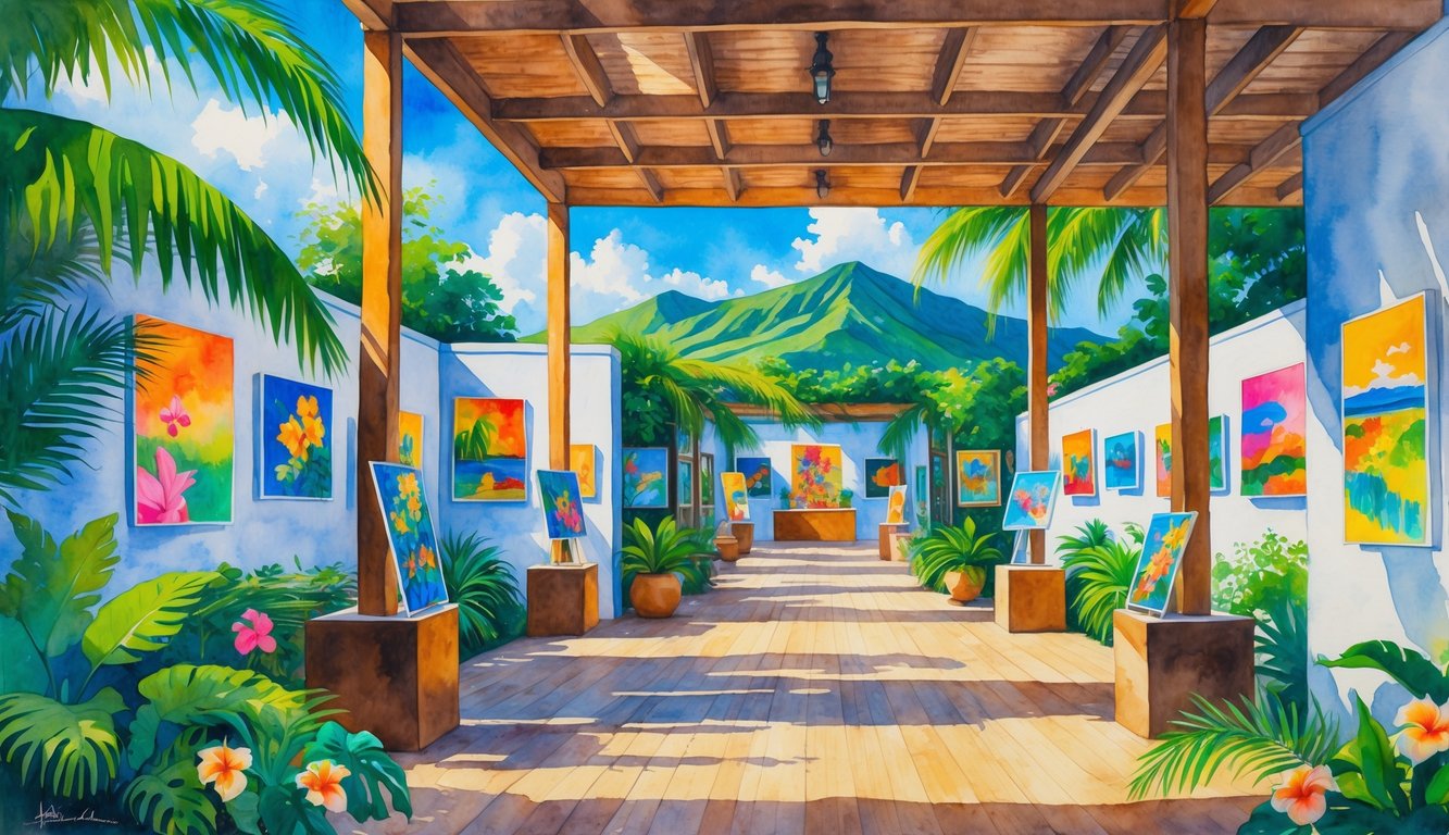 An open-air Hawaiian art gallery surrounded by tropical plants and mountains, displaying colorful paintings and sculptures.
