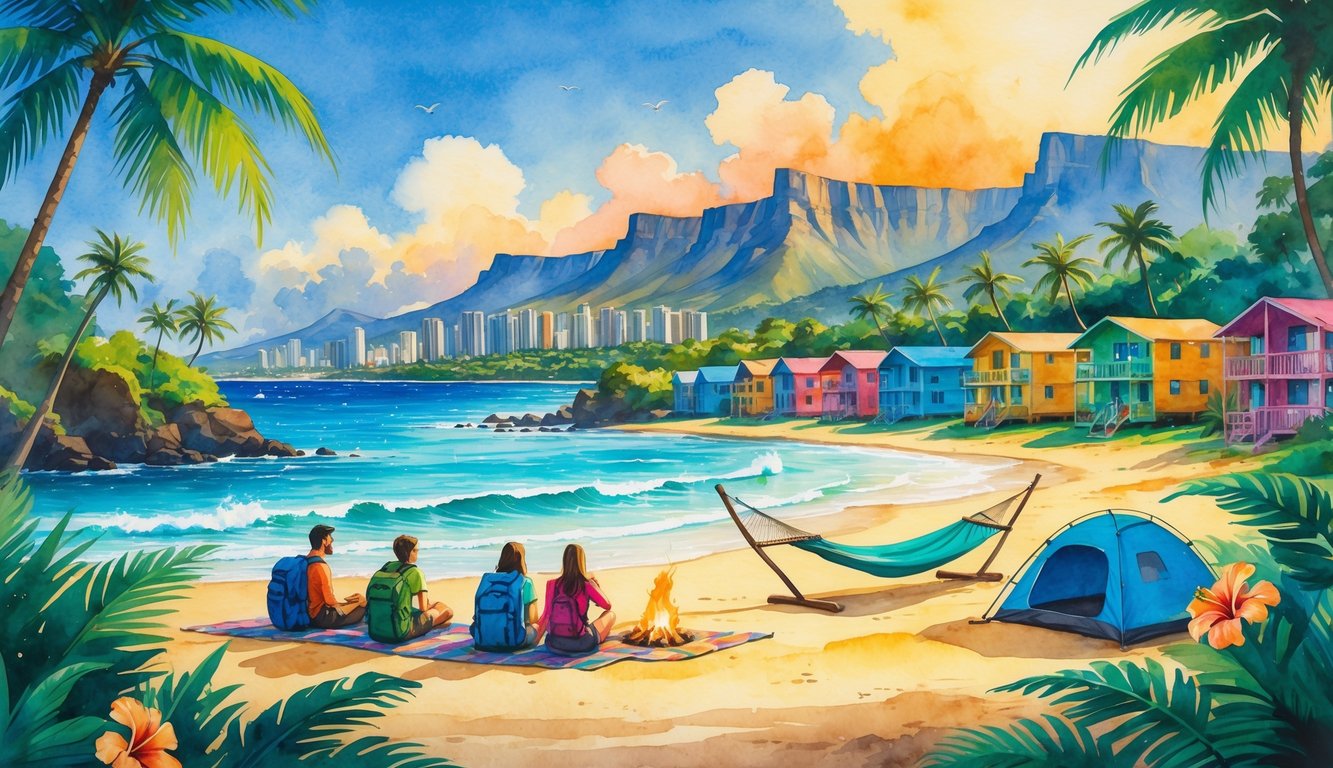 A peaceful beach scene with colorful hostels surrounded by palm trees and backpackers relaxing near the shore with mountains and ocean in the background.